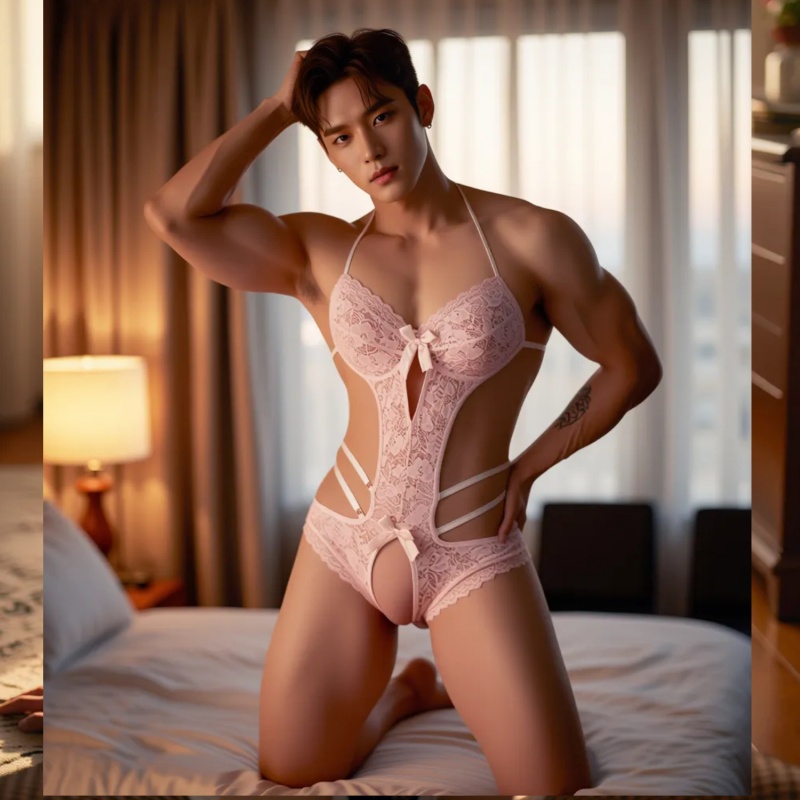 Men S Pink Lace Open Crotch Bodysuit