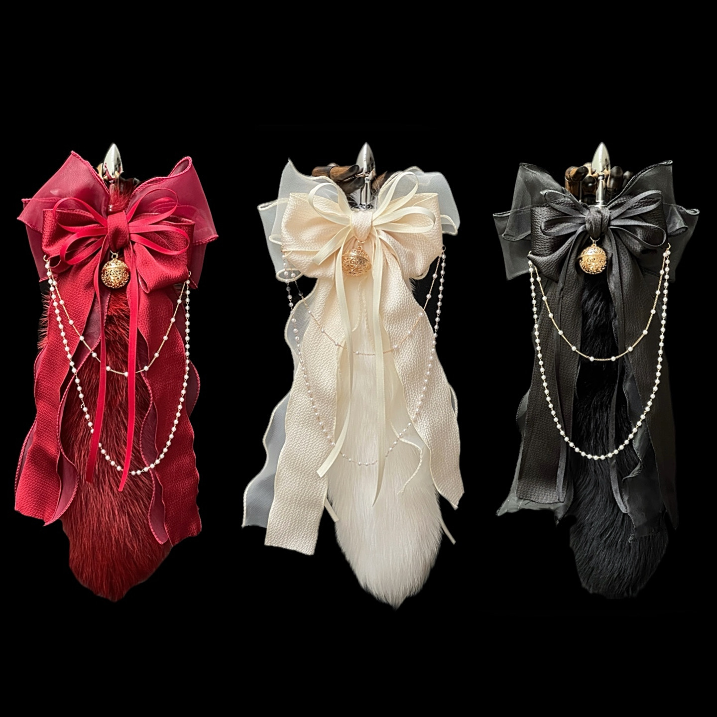 Luxury Fox Tail Plug Set 15 7plush Tail With Pearl Chain Interchangeable Plug Heads