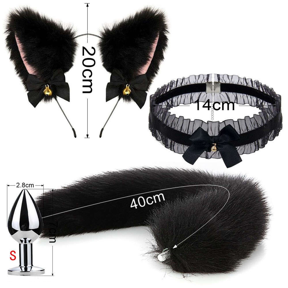 Metal Fox Tail Anal Plug Set With Lace Choker Cat Ears